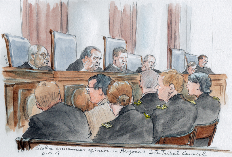 Justice Scalia announces the opinion this morning (Art Line)